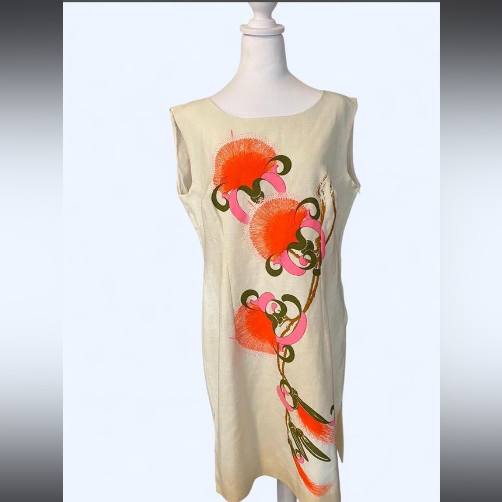 One of a kind hand painted Sleeveless Dress with Orange and pink floral design